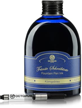 Octopus Fluids Classic reservoarbläck kungsblått raderbart – set med 250 ml påfyllningsflaska och bläckomvandlare, högkvalitativt skrivbläck för reservoarpennor och fjäderpennor