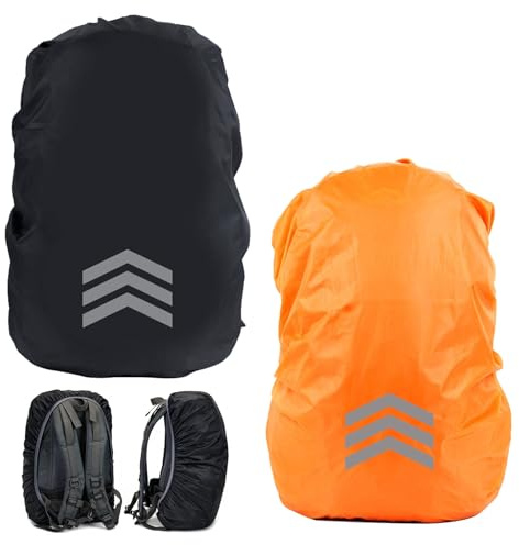 Bncxdc Waterproof Backpack Cover, 2 Pieces Rucksack Rain Covers, 18-30L Backpack Cover, Waterproof Rucksack Cover with Reflective, Suitable for Hiking, Cycling, Camping (Orange + Black)