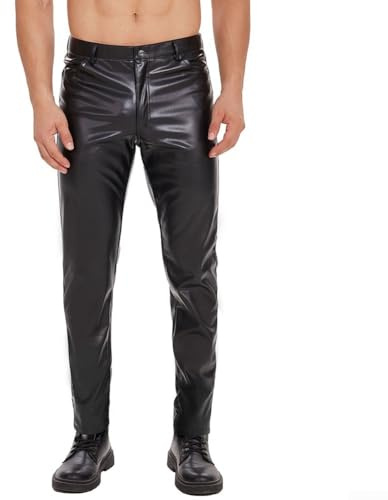 Pantalones de cuero mate Slim Fit para hombre con tela elástica cómoda (S negro)