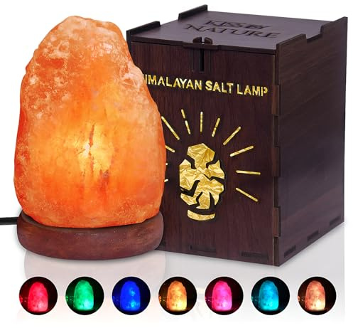 Mini Himalayan Salt Lamp – 100% Pure Natural Crystal Rock Salt Night Light, 7 Color Changing USB Plug-in Lamp, Soothing Glow for Bedroom, Living Room & Kids Room, Wooden Gift Box Included