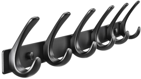 BOOKARROW Coat Hook Wall Mounted Matt Black - Heavy Duty Solid Aluminum 6 Wall Coat Rack - Screws in Wall Hanger Hooks for Hat Towel Bag Robes Purses 610B-6
