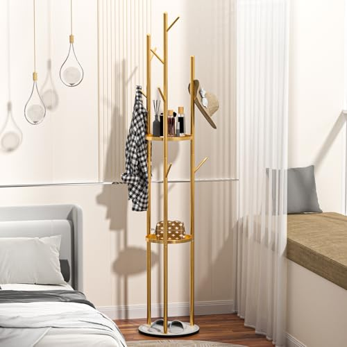 gibxiyza Garderobenständer, Garderobenbaum, Metall, Flurbaum, Eingangsgarderobe, Baumaufhänger mit 3 Ablagen und mehreren Haken, stabiler Marmorsockel, freistehend, Hutständer, Golden