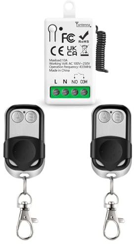Interruptor de Control Remoto Inalámbrico 220V 230V 110V 1 Canal 433Mhz Radio Control Relé Receptor con 2 Transmisor keyfobs Contactos libres de potencial Relé para Luz/Ventilador/Abrepuertas