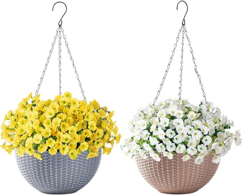 Yarteim Blumenampel Außen 2er Set, Hängend Blumentopf Kunststoff Hängekörbe Hängende Pflanzgefäßen Hängepflanztöpfe mit Kette Abflusslochs, Hängeampel für Innen Außen Pflanzen Blume Decken Balkone