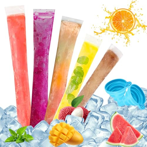 Vaskula 250 Stück Popsicle Taschen Wassereis Tüten Eislutscherbeutel mit 2 Trichtern Wiederverwendbar Geeignet für Selbstgemachten Joghurt Eiscreme Frucht-Smoothie Partygeschenke