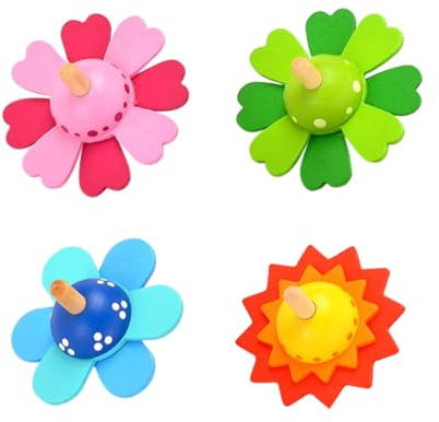FUNNETOYU Holz-spielkreisel Kinder Lernspielzeug 4 Stück Bunte Blume Drehspiel Handgedreht Für Kindergeburtstag Party Spiel Und Der Hand Augen Koordination
