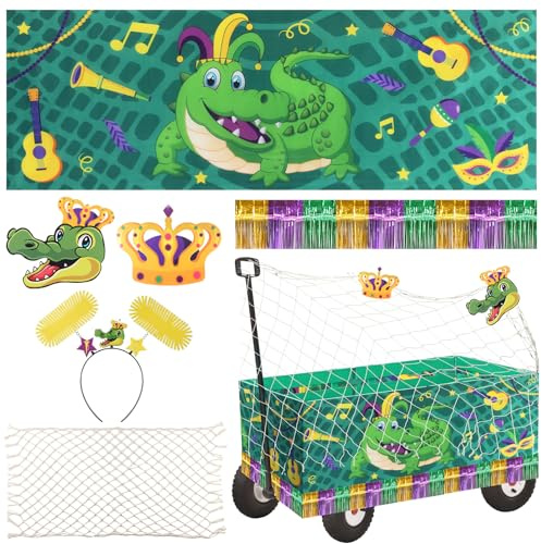 Saypacck 6 Pcs Mardi Gras Theme Float Decoration Set 1 Crocodile Cloth 1 Crown 1crocodile Head 1beige Cotton Twine Net 1purple Golden Rain Curtain 1felt Hairband for Carnival Float Parade Party Supply