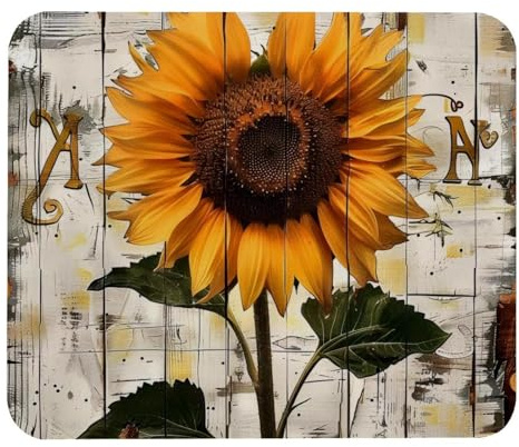 Alfombrilla Raton Girasol En Tabla De Madera Retro 25X30Cm Base De Goma Alfombrilla Bordes Cosidos Mouse Mat para Escritorio Juego