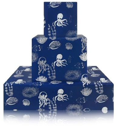 Carta da regalo, motivo: polipo, medusa, cavalluccio marino, pesce, oceano, nautico, blu reale, vita marina, animale, costiera, carta regalo per compleanno, baby shower, 4 fogli piegati piatti, 50 x