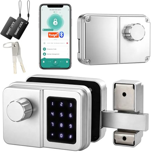 SEPOX Smart Gate Lock, Outdoor Gate Lock for Fence & Garage Door, Electronic Keyless Gate Lock IC Card, Passcode & Mechanical Key, Waterproof Rim Lock for Outdoor Garden Yard (Silver, Single Unit)