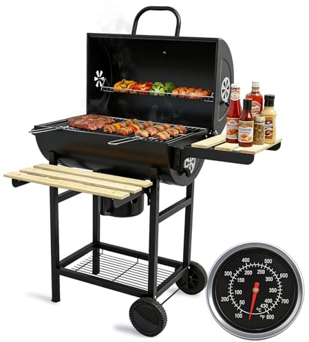 kisidus Holzkohle Grillwagen XL Holzkohlegrill mit Deckel & Thermometer, BBQ Kohlegrill Wagen, Standgrill Holzgrill Smoker Grill, Holzablage und Rädern