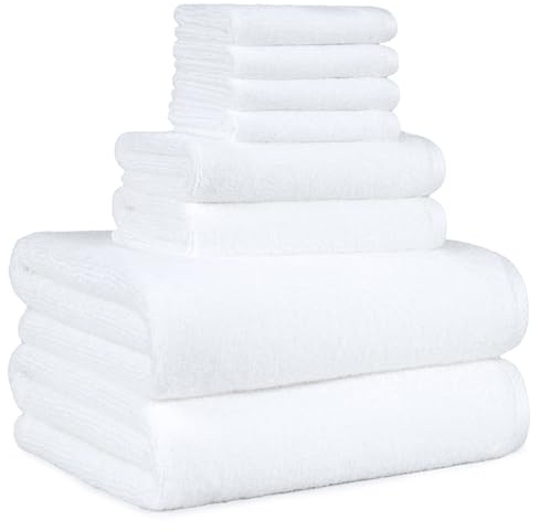Amazon Basics 100% Cotton Soft Quick-Dry 8-Piece Towel Set, Bath Towels, Hand Towels, Washcloths, White, Compact & Lightweight