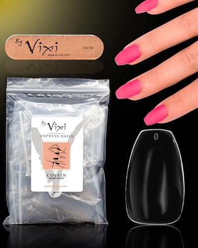 By Vixi 500 SET PER UNGHIE CORTE BARA/BALLERINA con LIMA DI PREPARAZIONE, 10 misure - Trasparente, Estensioni per unghie finte a copertura totale per saloni e uso domestico