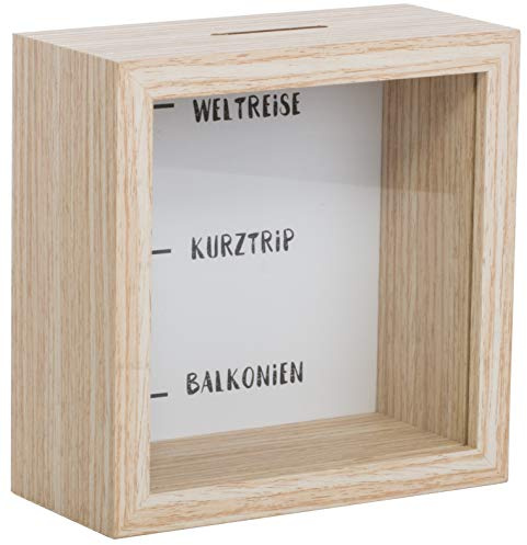 Brandsseller Tirelire Cadre Photo en Bois avec Fenêtre 14,5x14,5x6,5 cm - Tirelire décorative pour Cadeaux d'argent & Objectifs d'Épargne particuliers - Weltreise (Voyage Autour du Monde)