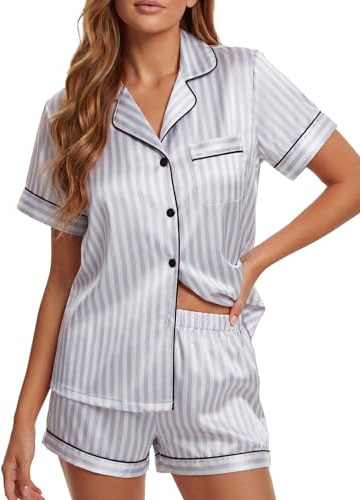 LYANER Dam, randig, sidenpyjamas, kortärmad topp med shorts, nattkläder, PJ-set, grå, medium