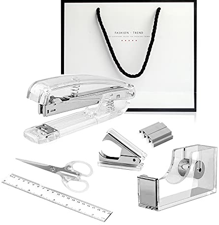 Kit de 3 accesorios de escritorio de Creechwa: soporte de cinta adhesiva, quitagrapas y juego de grapas acrílicas ideales para empleados de oficina y estudiantes (juego de 6 color plateado)