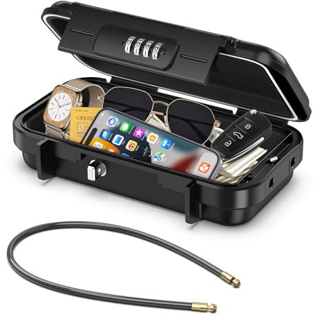 ORIA Tragbarer Tresor mit Zahlencode, Sicherheitsbox Outdoor Sicherheitssafe, mit Drahtseil abnehmbarem, Wasserdicht Schlüsselsafe mit Kombination, für Reisen, Strand, Camping, Büro - Schwarz