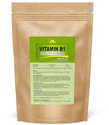 Vitamin B1 (Thiamin), Pulver, Pharmaqualität ohne Zusätze, vegan, 100 g Pulver ohne Zusatzstoffe im umweltfreundlichen Beutel aus Kraftpapier, Bonemis®