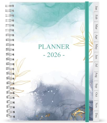 2026 Diary, A5 Weekly Planner with Monthly Tabs, January 2026 - December 2026, Back Pocket, Elastic Closure, Flexible Cover, Twin-Wire Binding, Easy to Organize Your Daily Life, 14.8×21cm, Teal
