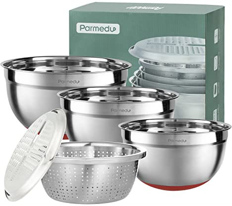 Parmedu 5-in-1 Multifunction Large 304 Stainless Steel Mixing Bowl Set, 3 Deep Nesting Salad Bowls Size 4QT, 3QT, 2.5QT & Colander & Grater, Model CK001