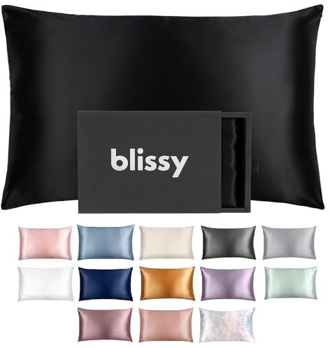 BLISSY Silk Pillowcase - 100% Pure Mulberry Silk - 22 Momme 6A High-Grade Fibers - Satin Pillow Cover for Hair & Skin - Regular, Queen & King with Hidden Zipper, Black