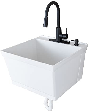 JS Jackson Supplies Tehila White Wall-Mounted Utility Sink Tub Kit with Black Pull-Down Faucet, Wall-Mounted Utility Tub with Wall Bracket for Laundry Room, Garage, Workshop