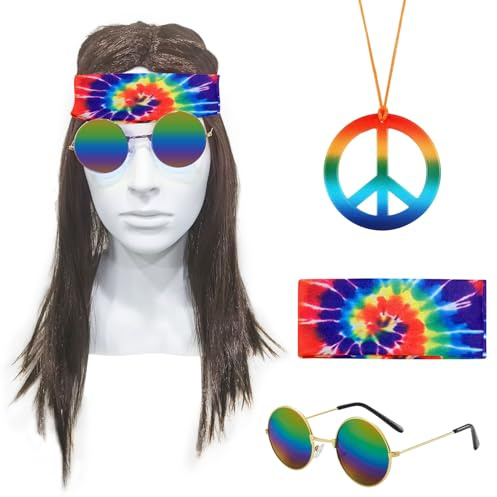 SKHAOVS 4 Stück Hippie Perücken Set Hippie Kostümzubehör Braune Perücke Sonnenbrille Peace Halskette Batik Stirnband 60/70er Kostümzubehör Halloweenkostüm Disco Stil Kostüm für Männer Frauen(4 Stück)