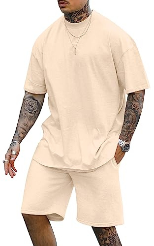 Cooleep Herren T-Shirt und Shorts Set 2 Teiliges Sommer Trainingsanzug Jogginganzug Kurzarm Casual Freizeitanzug Tracksuit für Männer Beige 3XL