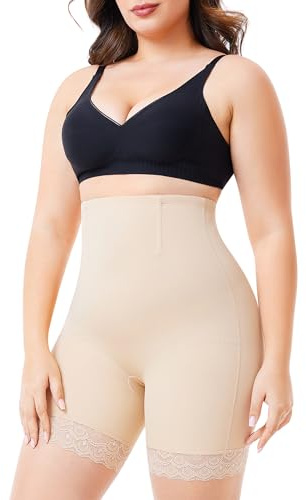 Nebility Plus Size Shapewear Tummy Control Underwear Butt Lifting Panties Hi-Waist Trainer Body Shaper Short Thigh Slimmer(Beige Plus Size,1X)
