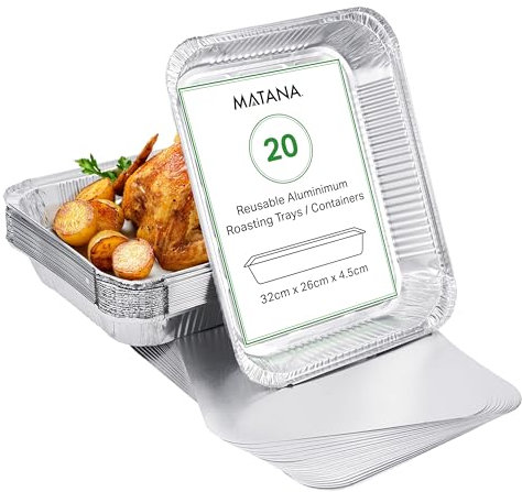 MATANA 40 Large Aluminium Foil Trays with Lids – 32×26 cm (2350 ml) | Heavy-Duty Roasting & Baking Pans – Sturdy, Disposable or Reusable Food Containers, Oven & Freezer Safe