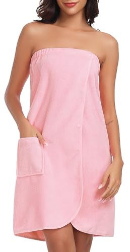 Lovasy Albornoz para Mujer Toalla de Envoltura de Spa Albornoces de Casa Mujer de Baño con Bolsillos, Botón de Presión y Banda Elástica Ajustable,Rosa,L