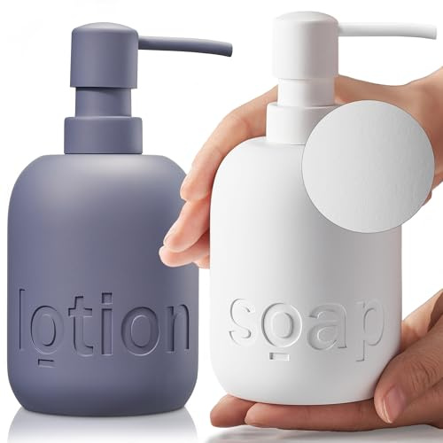 COZYA Soap and Lotion Dispenser Set. 2x 260ml Polyresin Soap Dispensers with Ceramic Texture. Refillable Hand Wash and Lotion Dispenser Bottles with Pump. Bathroom Dispensers for Liquid Soap or Lotion