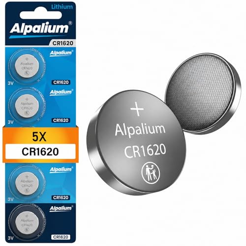 CR1620 Lot de 5 piles bouton 3 V alpalium haute performance pour télécommandes, porte-clés, processeurs, appareils portables et médicaux, CR 1620 de qualité supérieure et longue durée de vie