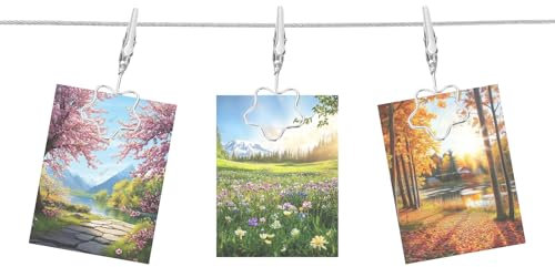 QUARKZMAN Cavo in Acciaio per Appendere Foto al Muro con 10 Clip a Forma di Fiore, 5Ft Cornice Regolabile per Appendere Foto Collage Decorativo da Muro per Cartoline Arte Argento