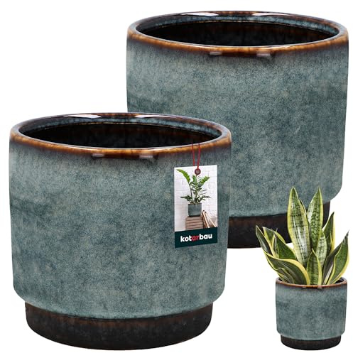 KOTARBAU® 2er Set Blumentopf blau Höhe 13 cm ⌀ 14 cm Keramiktopf Blumenübertopf Flower Pot Übertöpfe für Zimmerpflanzen Blumentopf Vintage Wohnzimmer Deko Orchideentopf glasierte Blumentöpfe