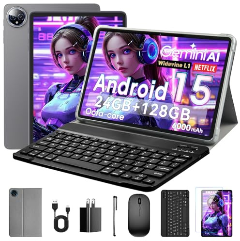 Aobante Tableta 10 Pulgadas Android 15, 24GB RAM + 128GB ROM (hasta 1TB), Procesador Octa-Core, Pantalla IPS HD 1280x800, Cámaras 5MP+8MP, Batería 6000 mAh, con Teclado, Widevine L1 (Gris), Gemini AI