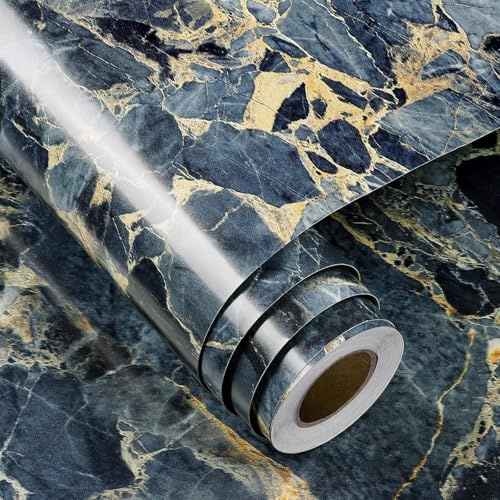 FunStick Papier Peint Adhesif Cuisine Effet Marbre Revetement Plan de Travail Bleu Foncé et Or Papier Peint Autocollant Marbre Vinyle Adhésif pour Table Rouleau Adhesif Meuble Bleu Marine 30CMx5M