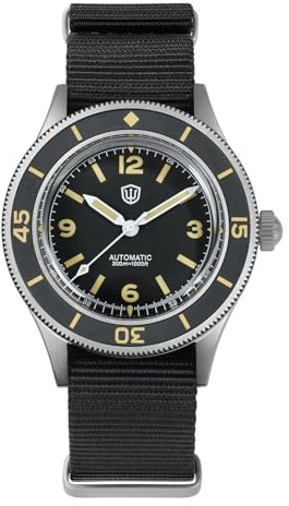 watchdives Dive Watch for Men, WD50Ti Titanium 50-Fathoms Watches NH35 Automatic Wristwatch 40mm Bubble Sapphire Crystal 300m Waterproof Diving Watch (Black Yellow/Matte Ceramic Bezel)