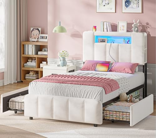 AOGLLATI Polsterbett 90x200 cm mit 2 Schubladen Bett 90x200 mit Stauraum Jugendbett mit LED-Beleuchtung und Ladestation Einzelbett mit Multifunktionales Kopfteil-Ohne Matratze,Beige Samt