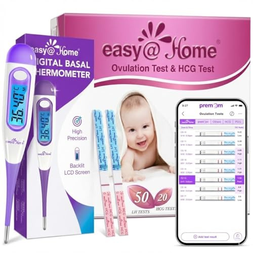 Easy@Home 50 Ovulation Test Strips and 20 Pregnancy Tests with Digital Basal Thermometer – 1/100°C High Precision, Memory Recall, Backlight, Sync & Chart via Premom App for Natural Family Planning