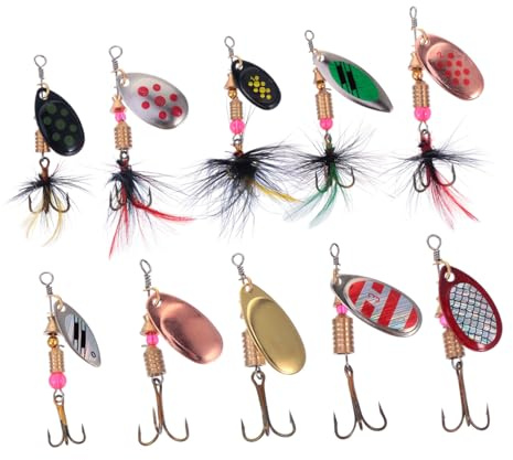 ifundom 10pcs Fishing Lures Spinnerbait Kit with Hard Metal Spinners, Simulation Artificial Baits Set for Bass Pike Sea Fishing with Tackle Box