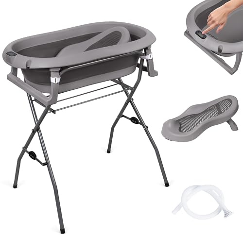 moovkee. Babybadkar med ram 80 cm – mörkgrått babybadkar vikbart med termometer, badstol och avloppssystem – babybadkar med stativ, säkert för ditt nyfödda