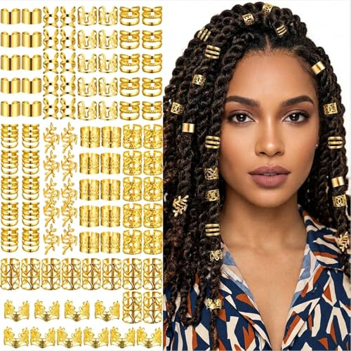 Nogeqi 100 Stück Gold Haarschmuck Für Zöpfe, Dreadlocks Schmuck Goldener Haarschmuck Gold Verstellbarer Piraten Schmuck Haarringe Für Zöpfe Hair Jewellery for Braids Männer Frauen Mädchen Jungen