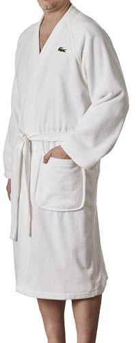 Lacoste Classic Pique Bath Robe, 100% Soft Cotton Terry, Unisex Bathrobe for Adult Women & Men, Luxury Robe for Spa, Super Absorbent & Quick Drying, One Size Fits Most, White