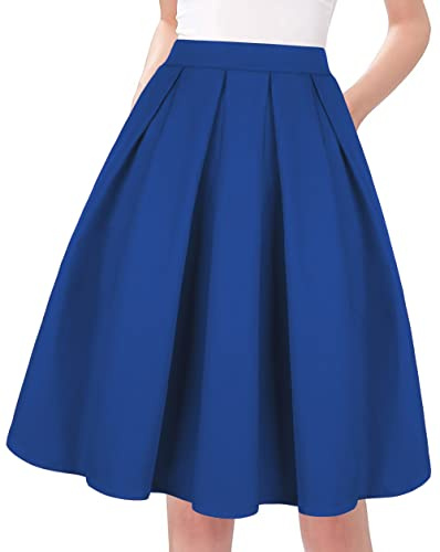 Tandisk Jupe midi évasée plissée imprimée Vintage avec Poches pour Femme, Bleu, Taille M