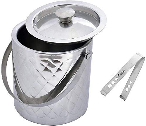 Kosma Double Wall Stainless Steel Ice Bucket (1.5 Litre) - Designer with Tongs, Diamond Hammered Effect