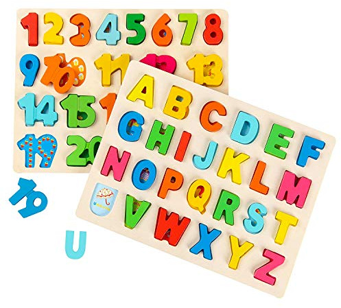 wondertoys Wooden Alphabet Puzzles Set ABC Letter and Numbers Puzzles Board for Girl Boy Learning Educational Toys