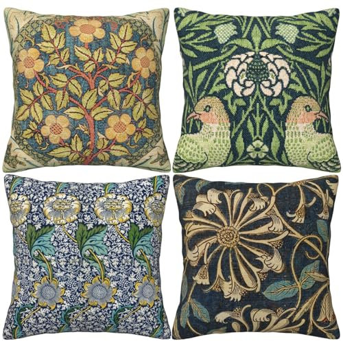 HOSTECCO Vintage Floral Cushion Covers 45x45 cm Pack of 4 Botanical Flowers Art Pillow Covers Farmhouse Decorative Pillow Cases for Sofa Couch Bed
