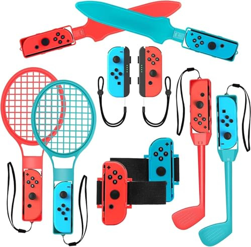 2022 Switch sporttillbehörspaket – 10-i-1 familjetillbehörssats för häxa sportspel: tennisracketar, svärdgrepp, golfklubbar, handledsdansband och benrem, Joy-con armband, bekvämt greppfodral.