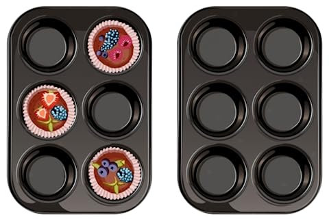 ProBytes 6 Cups Metal Muffin Tray/Mould - Aluminized Steel, Non-stick, BPA-free, Baking Tin, Dishwasher & Oven Safe, Dessert, Fairy cakes, Cup cakes, Brownies, Yorkshire Pudding, Freezing, Black 2 Pcs